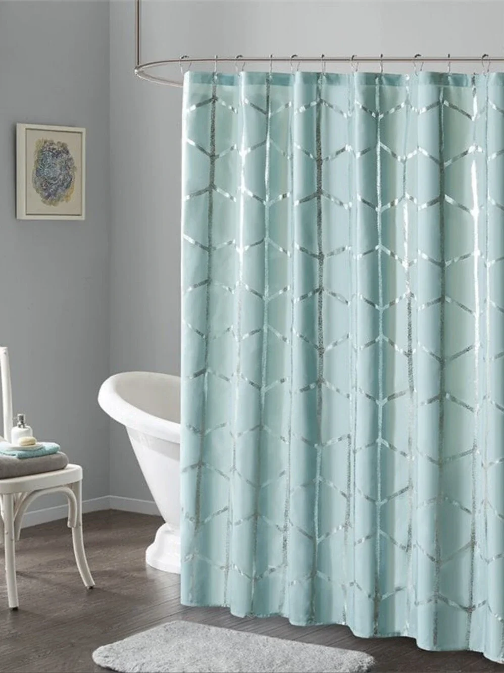 Aqua Blue Geometric Satin Finish Shower Curtain
